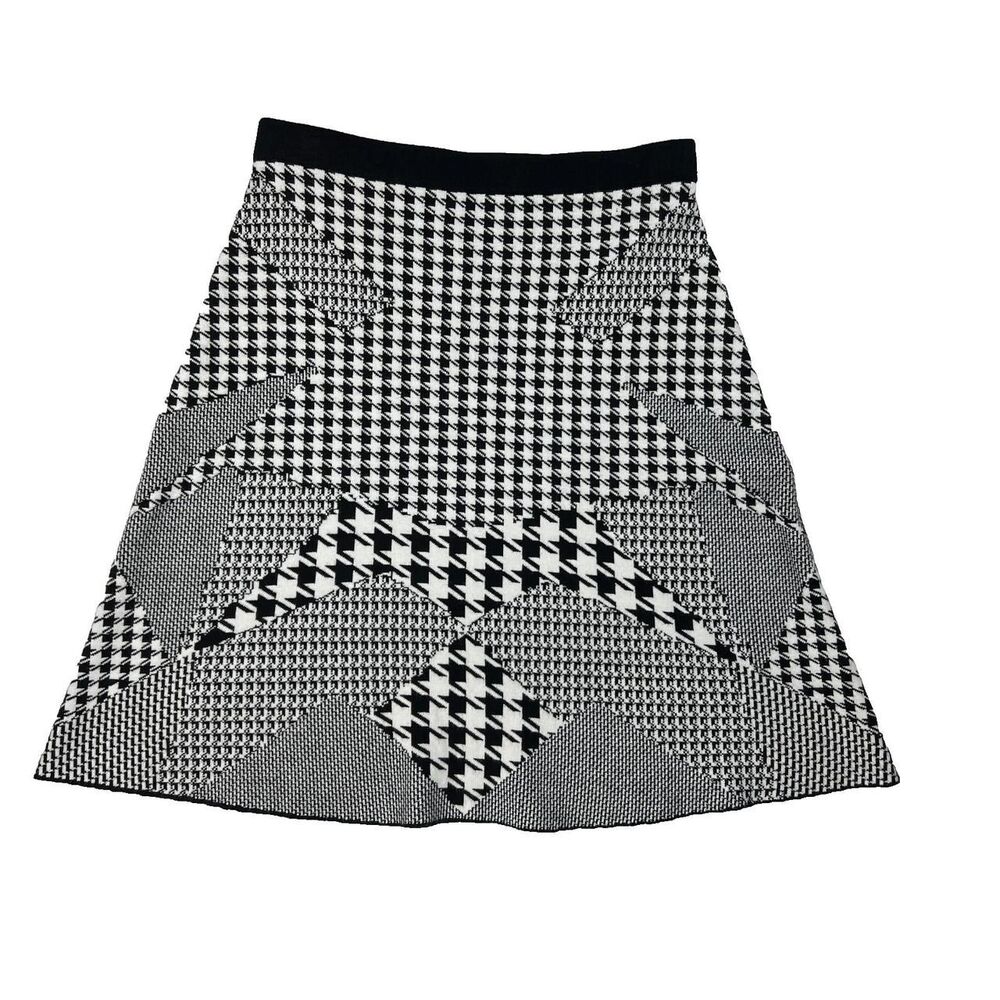 Grace Elements Houndstooth Knit Skirt Black White Geometric Flare Pull On Sz SM